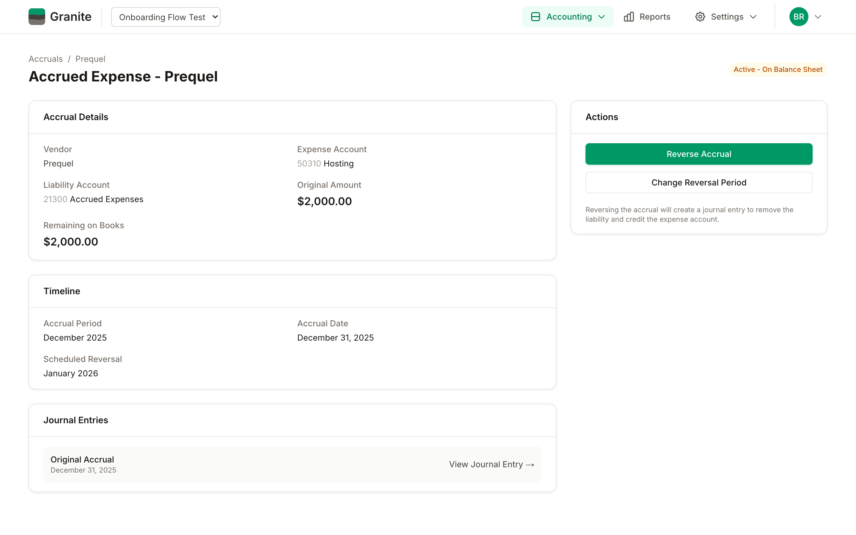 Accrued expense detail with scheduled reversal period