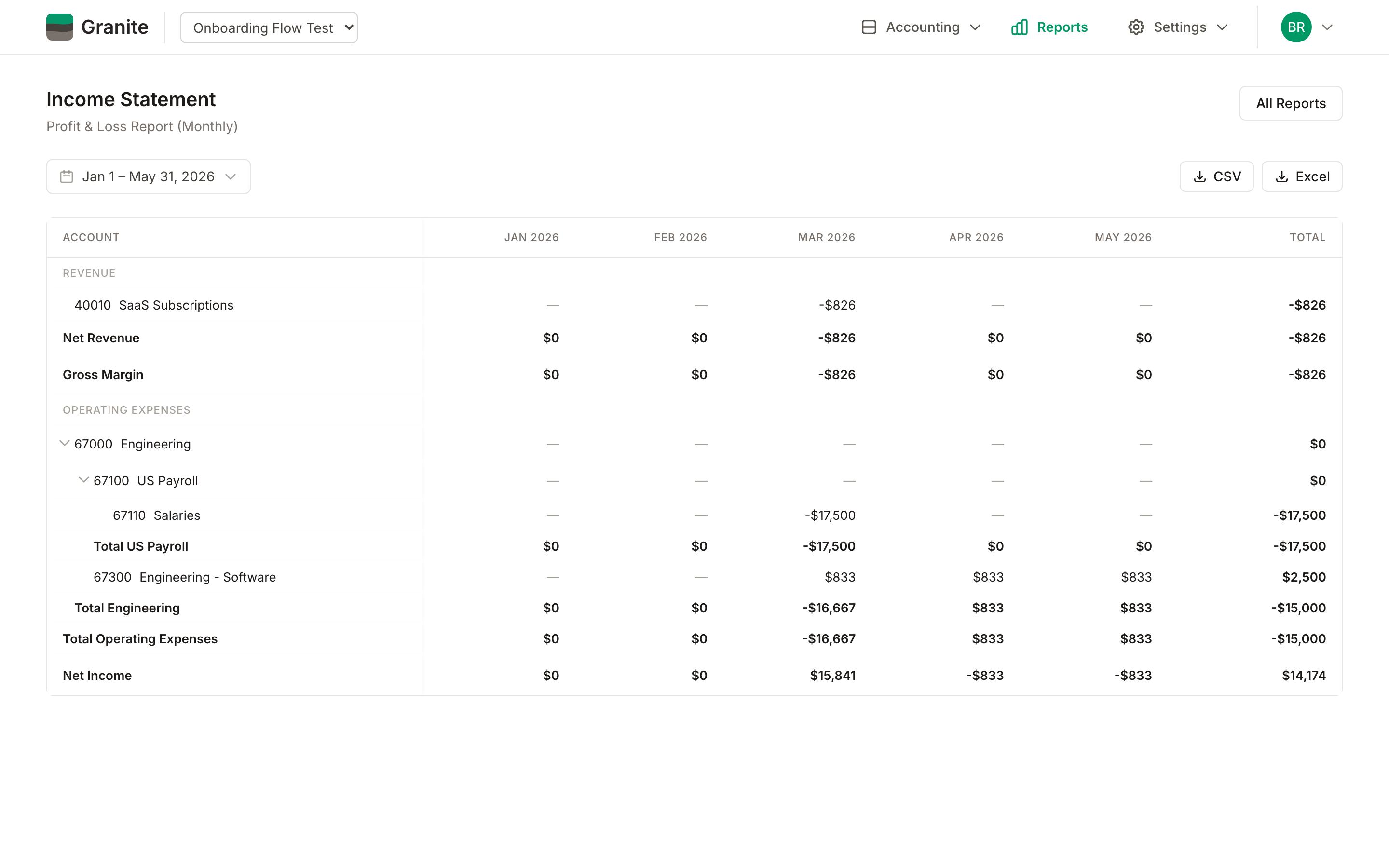 Profit and loss report with monthly columns