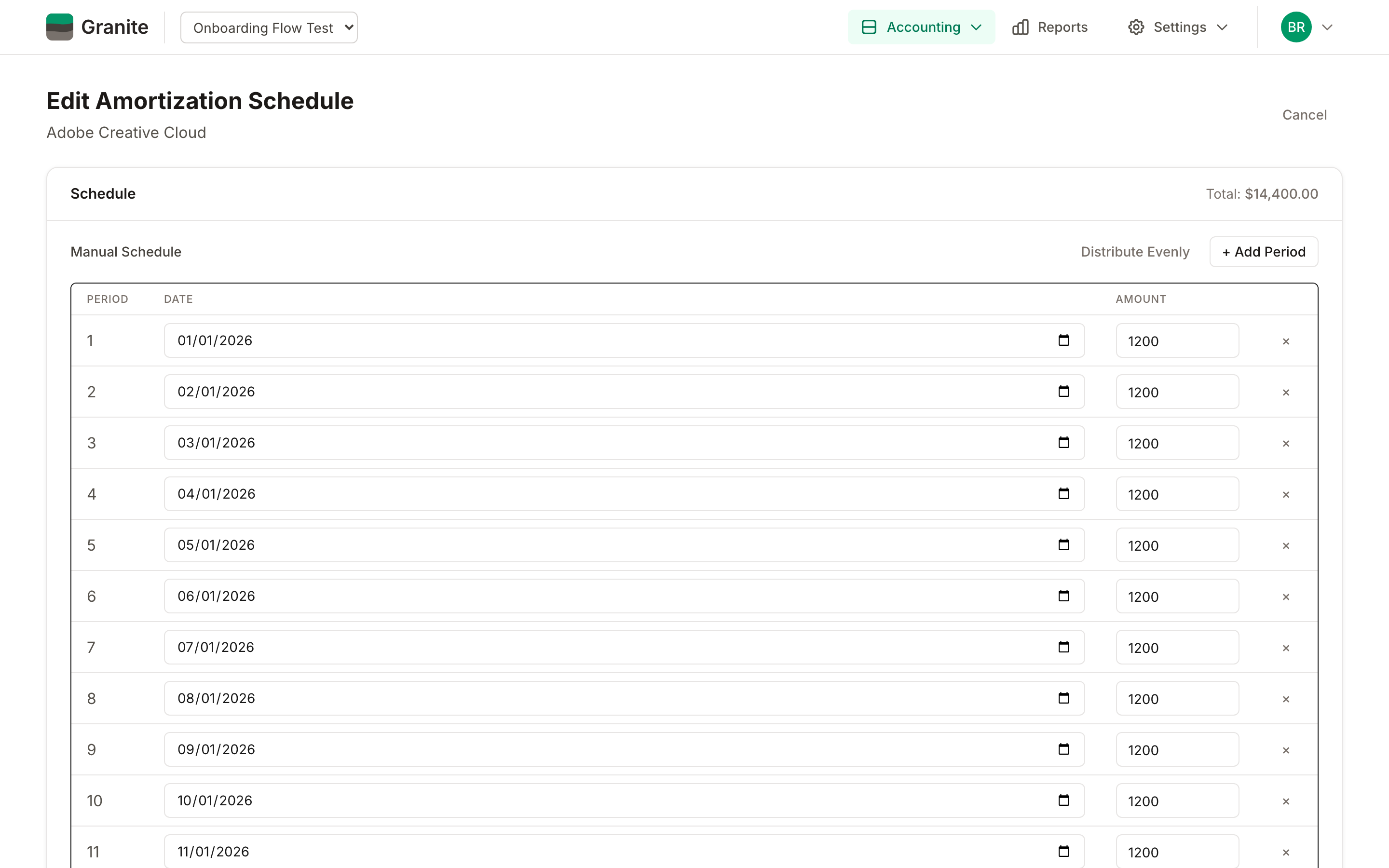 Prepaid expense amortization schedule editor