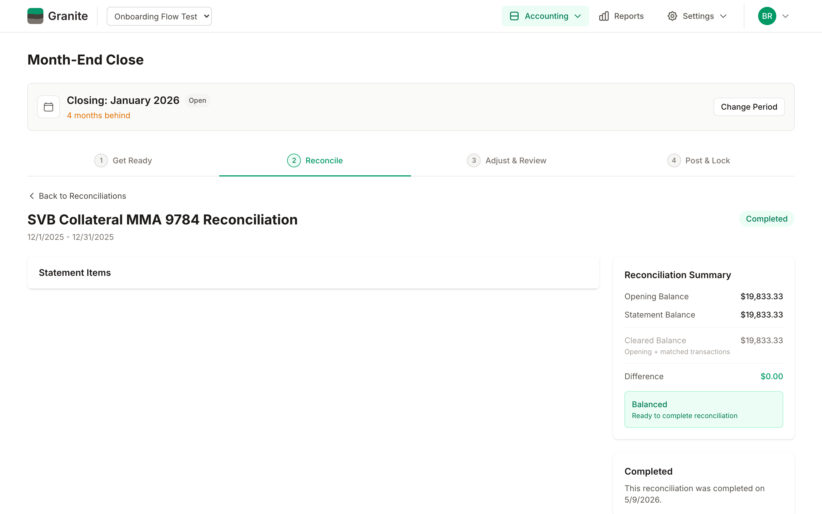 Bank reconciliation ledger view showing balanced statement
